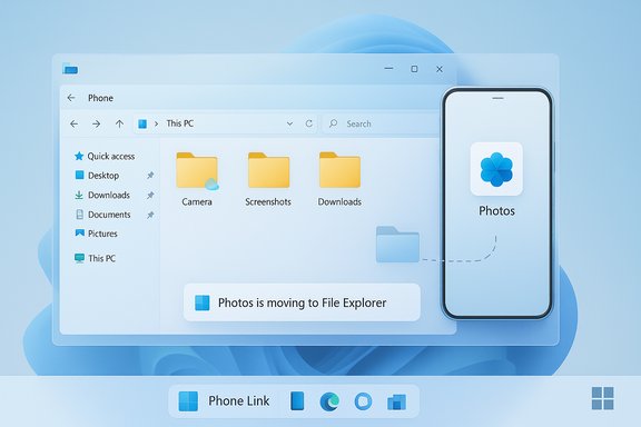 Windows-style desktop showing Phone Link transferring photos from a phone into File Explorer.