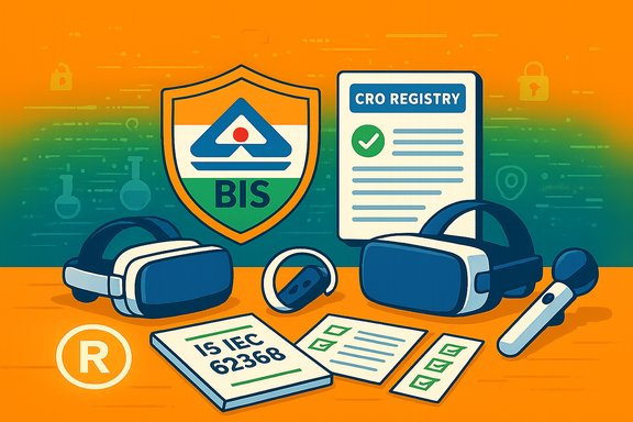 BIS shield and CRO registry document amid VR headsets and IEC 62368 standards.