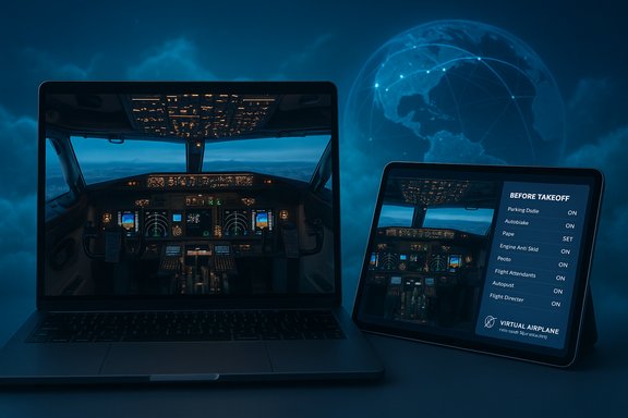 Laptop and tablet display a realistic airplane cockpit with a Before Takeoff checklist.