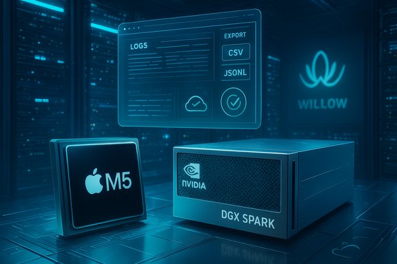 Blue-tinted data center with an Apple M5 chip, Nvidia DGX SPARK server, and a floating logs panel.