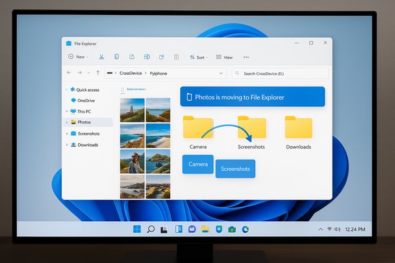 Windows 11 File Explorer shows a banner 'Photos is moving to File Explorer' with Camera, Screenshots, and Downloads folders.