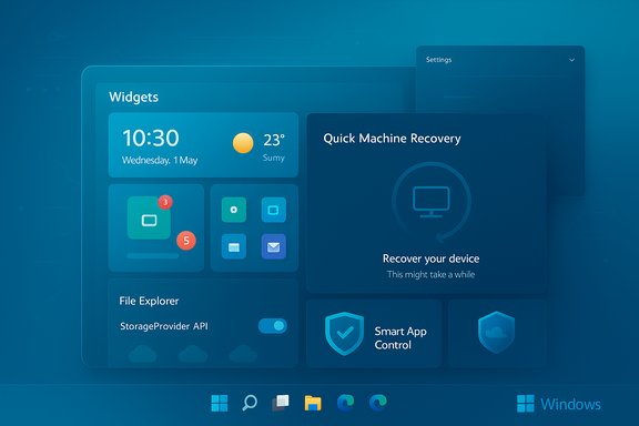 Blue, futuristic Windows dashboard featuring widgets, a Quick Machine Recovery panel, and settings.