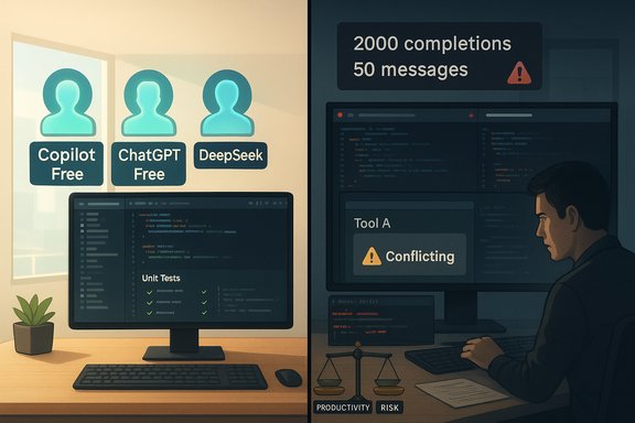 Split-screen desk scene: left shows free AI tools, right displays a warning about a conflicting tool.