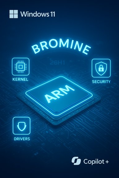 Neon blue Windows 11 artwork featuring an ARM chip with 'BROMINE' above, flanked by kernel, security, and drivers icons.
