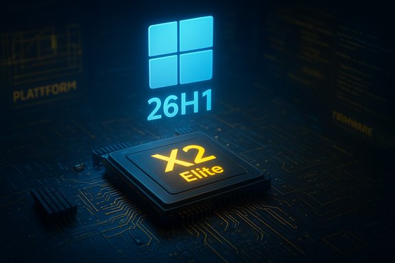 X2 Elite processor on a circuit board, illuminated by a blue Windows 26H1 glow.