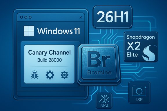 Blue tech collage featuring Windows 11 Canary Channel, Br Bromine, Snapdragon X2 Elite, and 26H1.