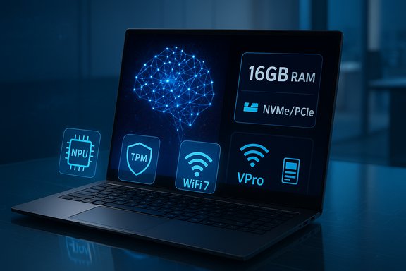 A sleek laptop surrounded by blue holographic icons for 16GB RAM, NVMe/PCIe, WiFi 7, NPU and TPM.