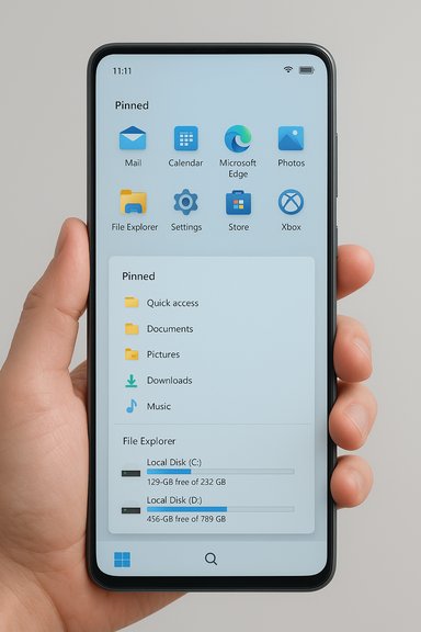 A hand holds a smartphone displaying a Windows-like home screen with pinned apps.