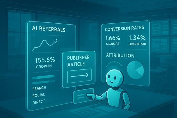 A robot analyzes AI referrals and conversion metrics on holographic dashboards.