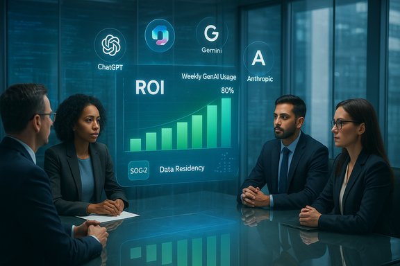 A diverse team reviews a holographic AI dashboard displaying ROI and usage metrics.