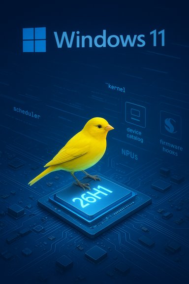 A bright yellow canary perches on a blue CPU chip amid Windows 11 branding. A bright yellow canary perches on a blue CPU chip amid Windows 11 branding.