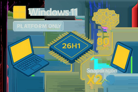 Windows 11 platform diagram highlighting a 26H1 chip powering laptops and tablets.