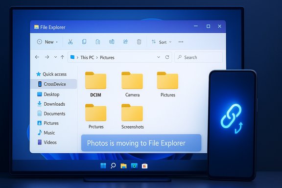Windows File Explorer on a laptop shows yellow folders (DCIM, Camera, Pictures) with a phone beside.