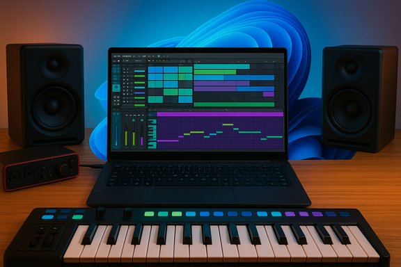 Music production setup with a laptop DAW, MIDI keyboard, audio interface, and monitor speakers.