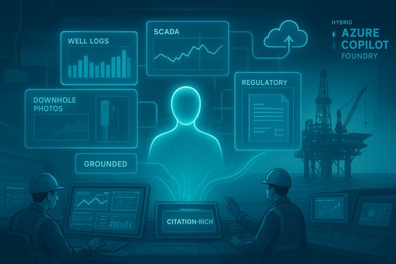 A futuristic control room monitoring an offshore oil rig with holographic dashboards and an AI assistant.