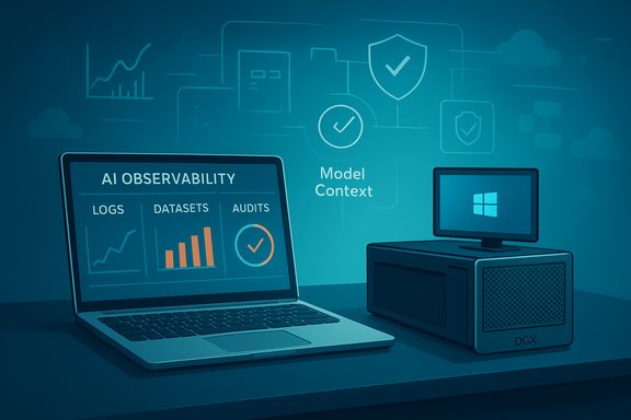 A laptop displays AI observability dashboards beside a server, illustrating model context.