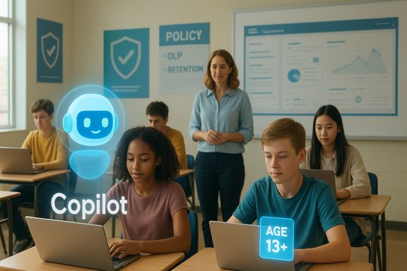 Students in a classroom use laptops as a glowing Copilot AI hologram with an age 13+ badge.