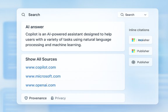 A soft-blue UI showing an AI answer with source links and inline citations.