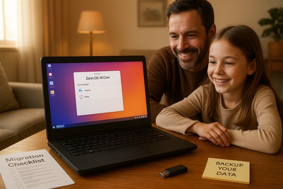 A man and a girl smile while looking at a laptop running Zorin OS 18 Core.