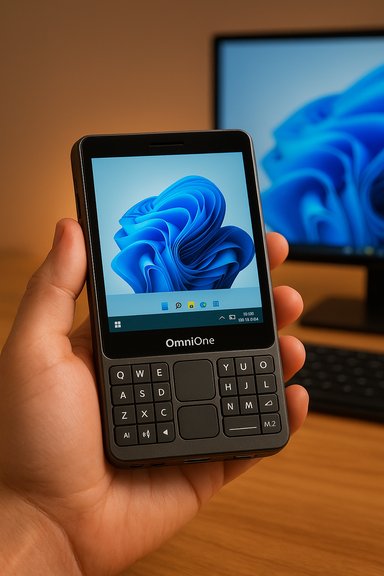 A compact OmniOne handheld with a physical keyboard, displaying a blue Windows wallpaper.