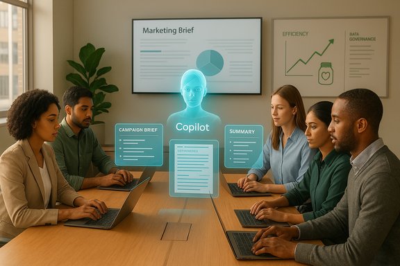 A diverse team collaborates around laptops as a holographic Copilot guides a marketing briefing.