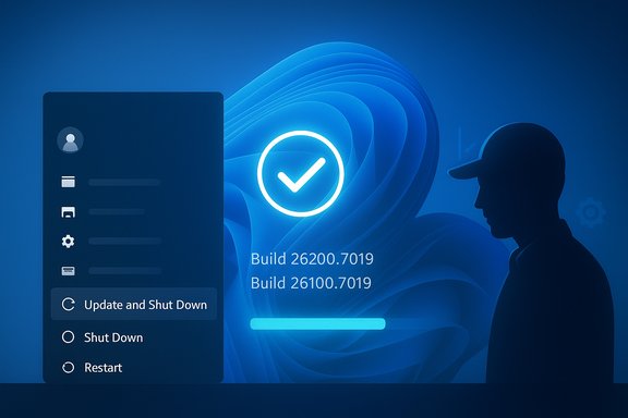 A blue Windows-like update screen with a progress bar, build numbers, and an Update and Shut Down option.