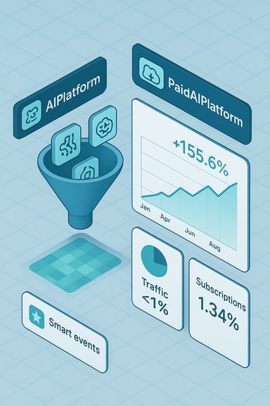 Isometric AI Platform infographic showing a data funnel, dashboard with growth +155.6%, and key metrics.