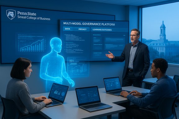 A futuristic business briefing where a holographic blue figure presents data to a team.