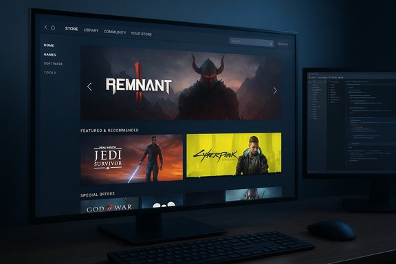 A dark game-store interface on a monitor, showcasing Remnant, Jedi Survivor, and Cyberpunk.