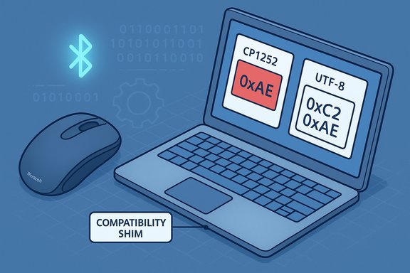 Blue tech illustration of a laptop showing CP1252 and UTF-8 blocks with a glowing Bluetooth symbol.