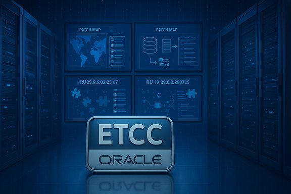 Blue-tinted data center with server racks and a large ETCC Oracle emblem in the foreground.
