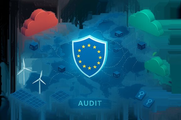 EU audit concept: shield with stars over a global network of clouds, data centers, and renewables.