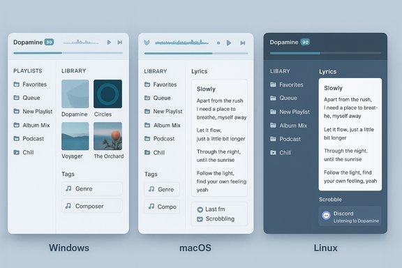 Three-panel UI mockup of the Dopamine music app across Windows, macOS, and Linux.