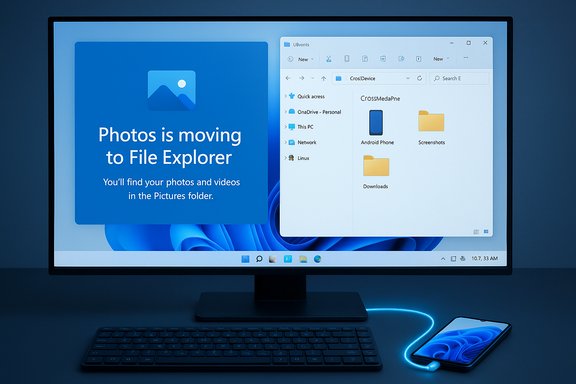 Windows 11 desktop: Photos moving to File Explorer, with a smartphone connected by a blue-glow cable. Windows 11 desktop: Photos moving to File Explorer, with a smartphone connected by a blue-glow cable.