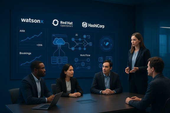 A team of professionals discusses data in a conference room with a blue wall of tech logos.