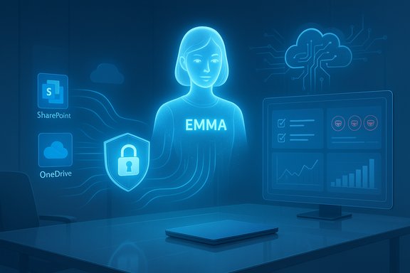 Holographic AI assistant EMMA with a security shield amid cloud icons and data dashboards.