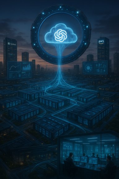 Futuristic city at night with a glowing cloud data hub connected by blue circuitry.