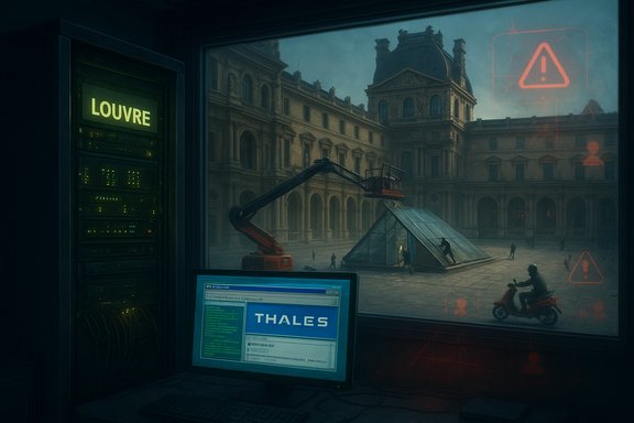 Dim server room overlooking a Louvre courtyard with a glass pyramid, crane arm, and Thales on screen.