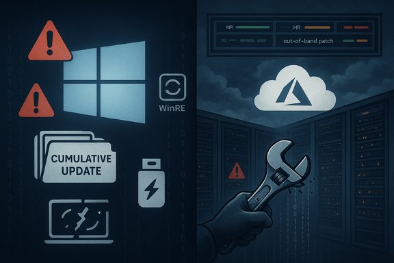 A hand holding a wrench over server racks, framed by Windows update icons and cloud imagery.