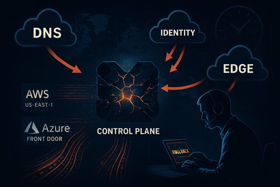 A technician monitors a cracked central control plane coordinating DNS, identity, and edge services.