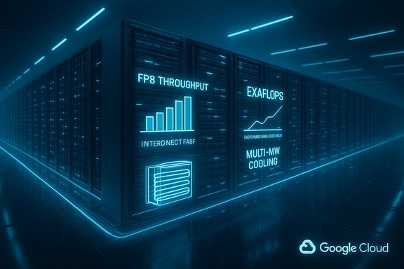 Google Cloud data center with neon-blue server racks displaying FP8 throughput and exaflops.