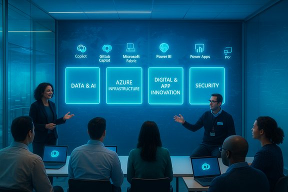 Team presents four focus areas: Data & AI, Azure Infrastructure, Digital & App Innovation, Security.