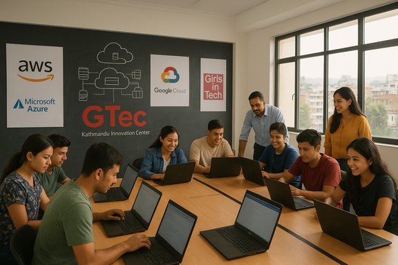 Students collaborate on laptops during a cloud tech workshop at GTeC Kathmandu Innovation Center.