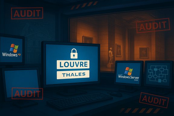 Dim control room with multiple monitors showing Louvre Thales and Windows logos, stamped AUDIT.
