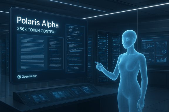 A holographic woman points at a Polaris Alpha token-context display in a high-tech data center.
