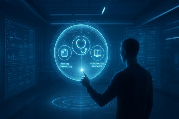 Individual interacts with a glowing holographic medical interface showing diagnostics and education.