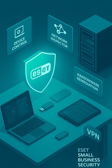 Isometric cybersecurity scene with ESET shield and protection icons.