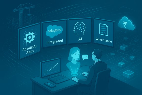 Two people review AI dashboards, featuring Agentic AI Apps, Integrated Salesforce, AI, and Governance.