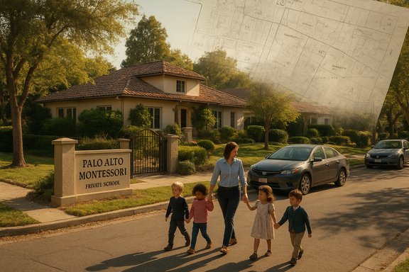 A caregiver walks with four children along a street past Palo Alto Montessori Private School.