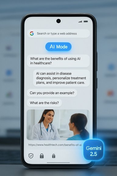 Smartphone screen displaying AI Mode chat about AI in healthcare, with a doctor image and Gemini 2.5 badge.
